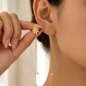 Gold Flower 2 Hanging Stone Chain Earrings