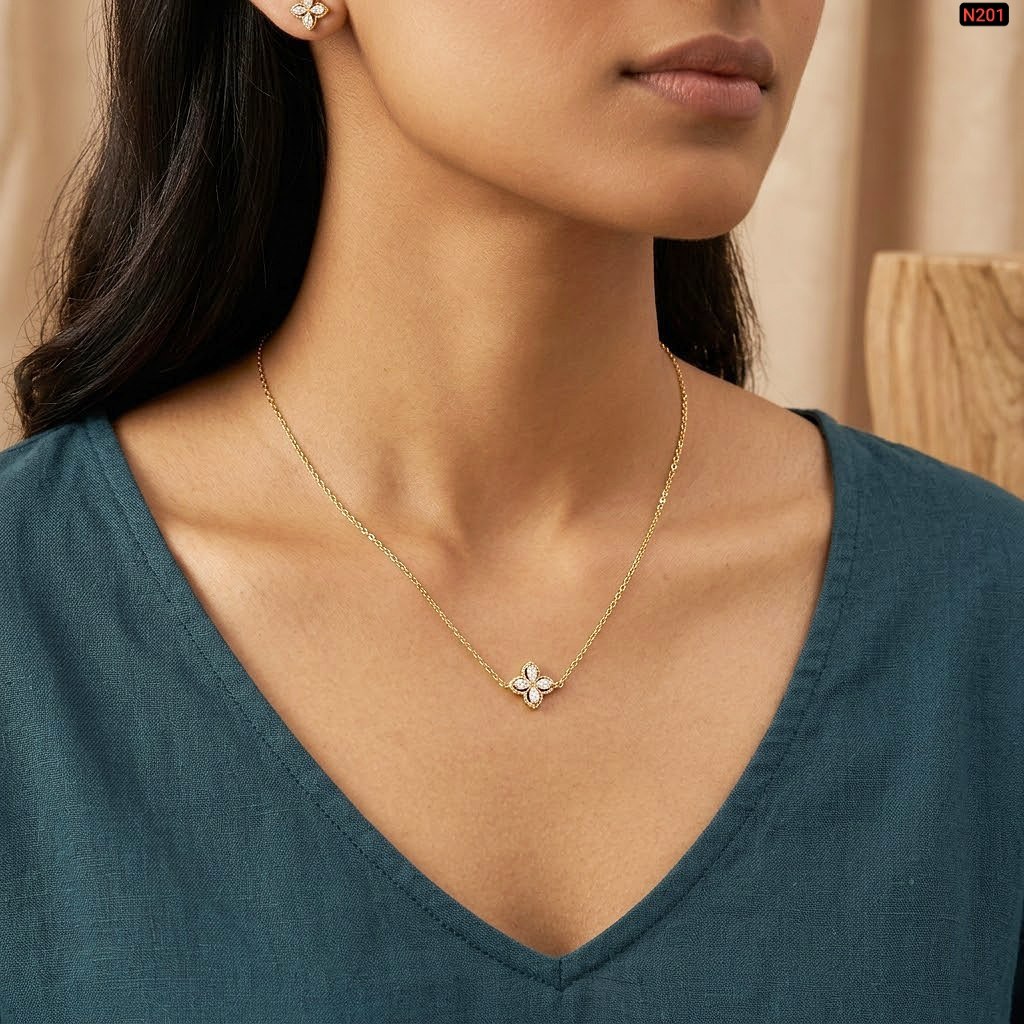 Hollow Four Leaf Clover Stone Necklace - Image 2